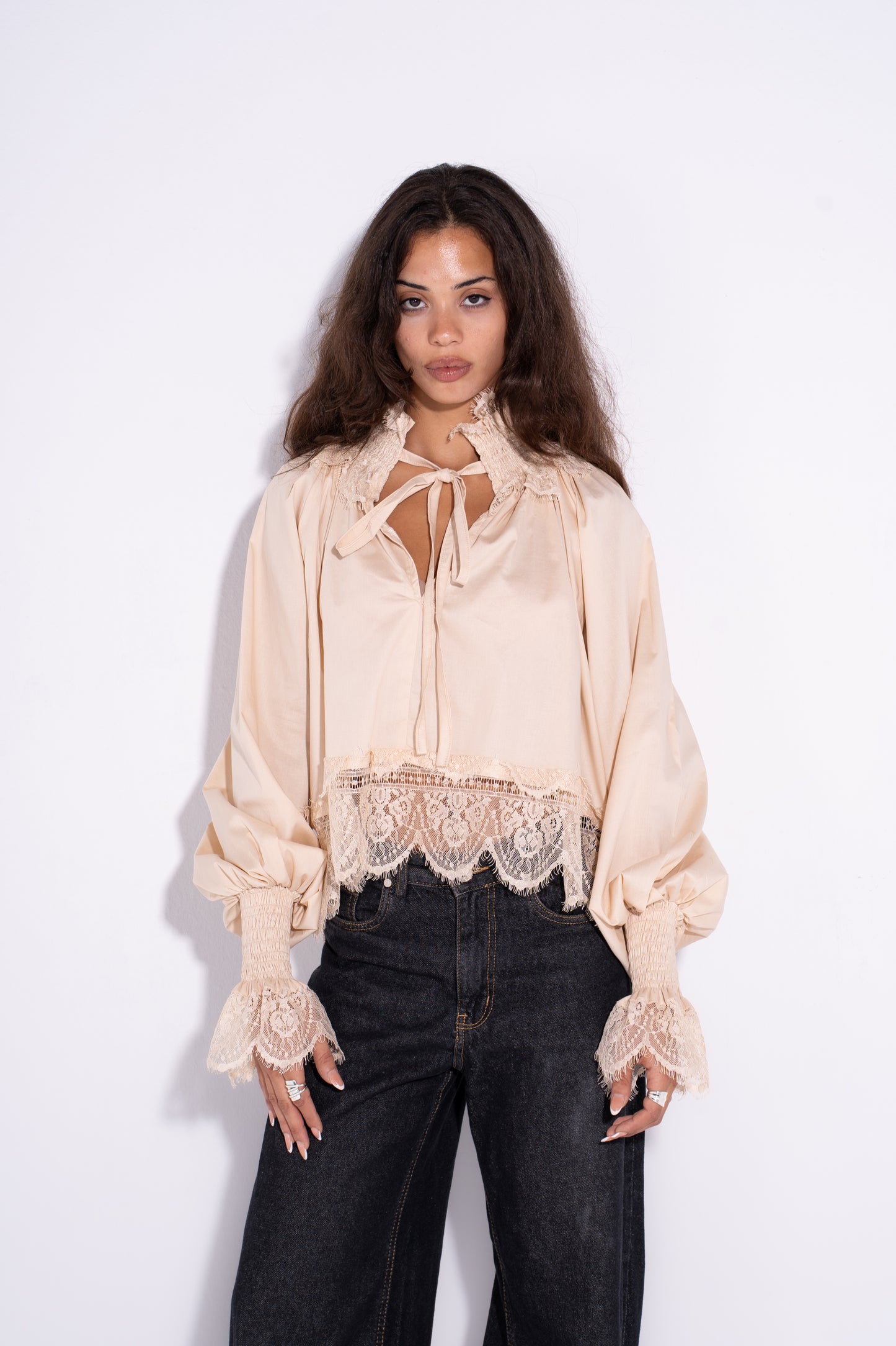 The Lace Up Blouse- Beige