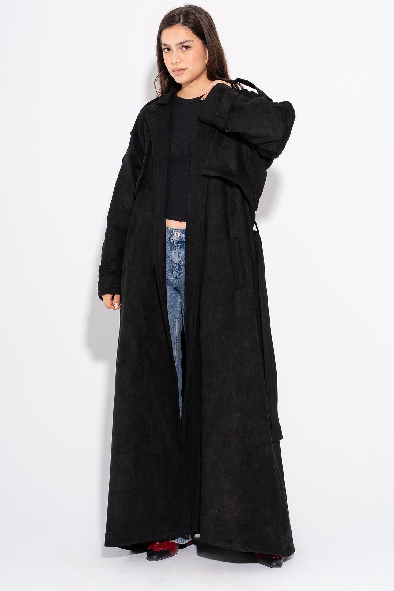 Suede Maxi Trench Coat- Black