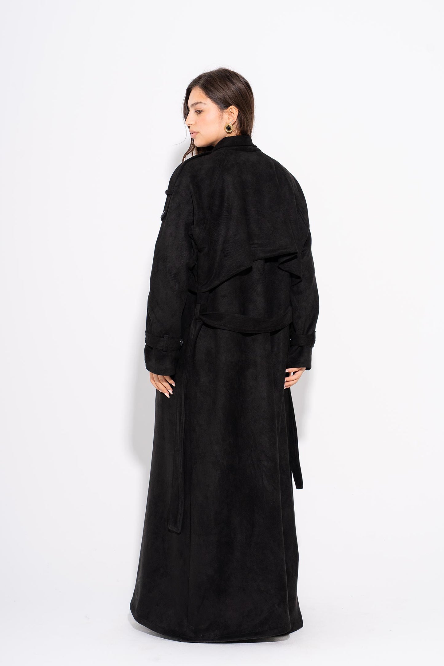 Suede Maxi Trench Coat- Black