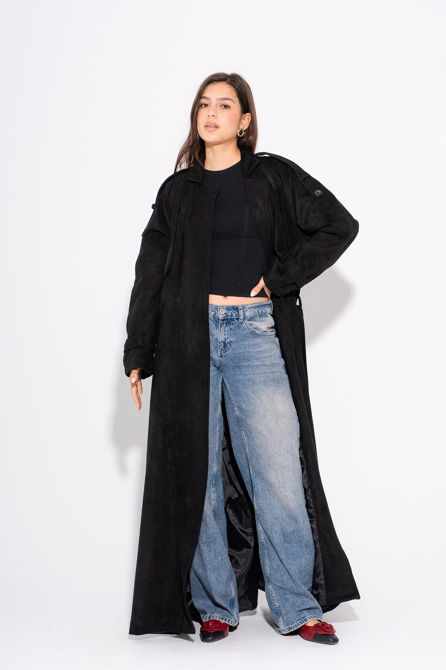 Suede Maxi Trench Coat- Black