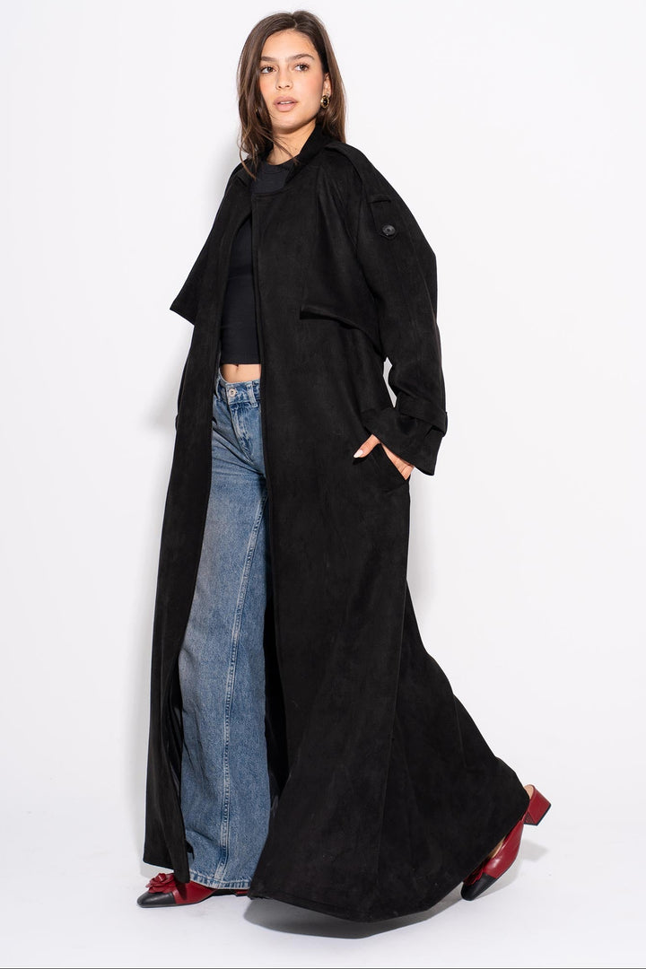 Suede Maxi Trench Coat- Black