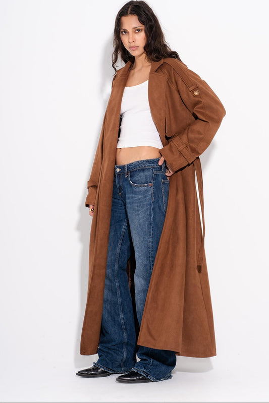 Suede Maxi Trench Coat- Brown