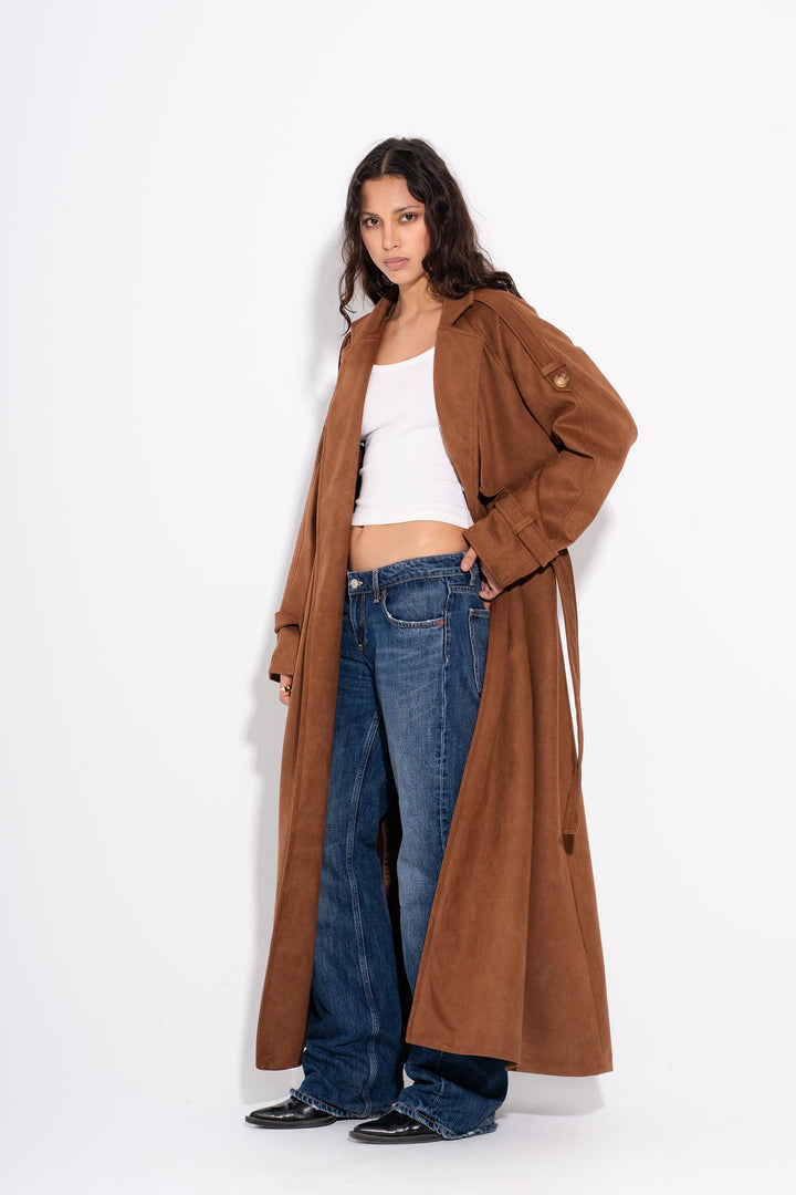 Suede Maxi Trench Coat- Brown