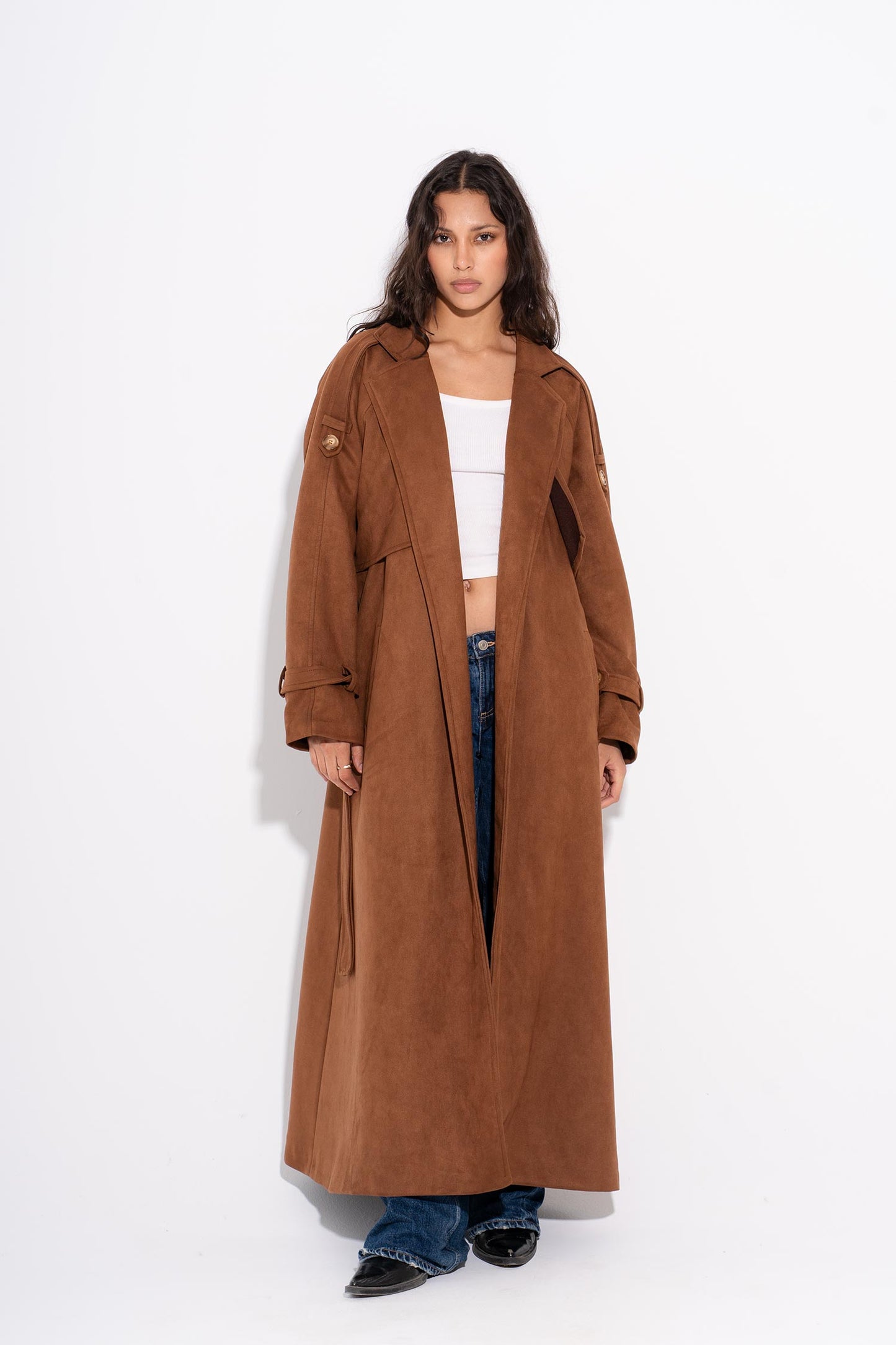 Suede Maxi Trench Coat- Brown