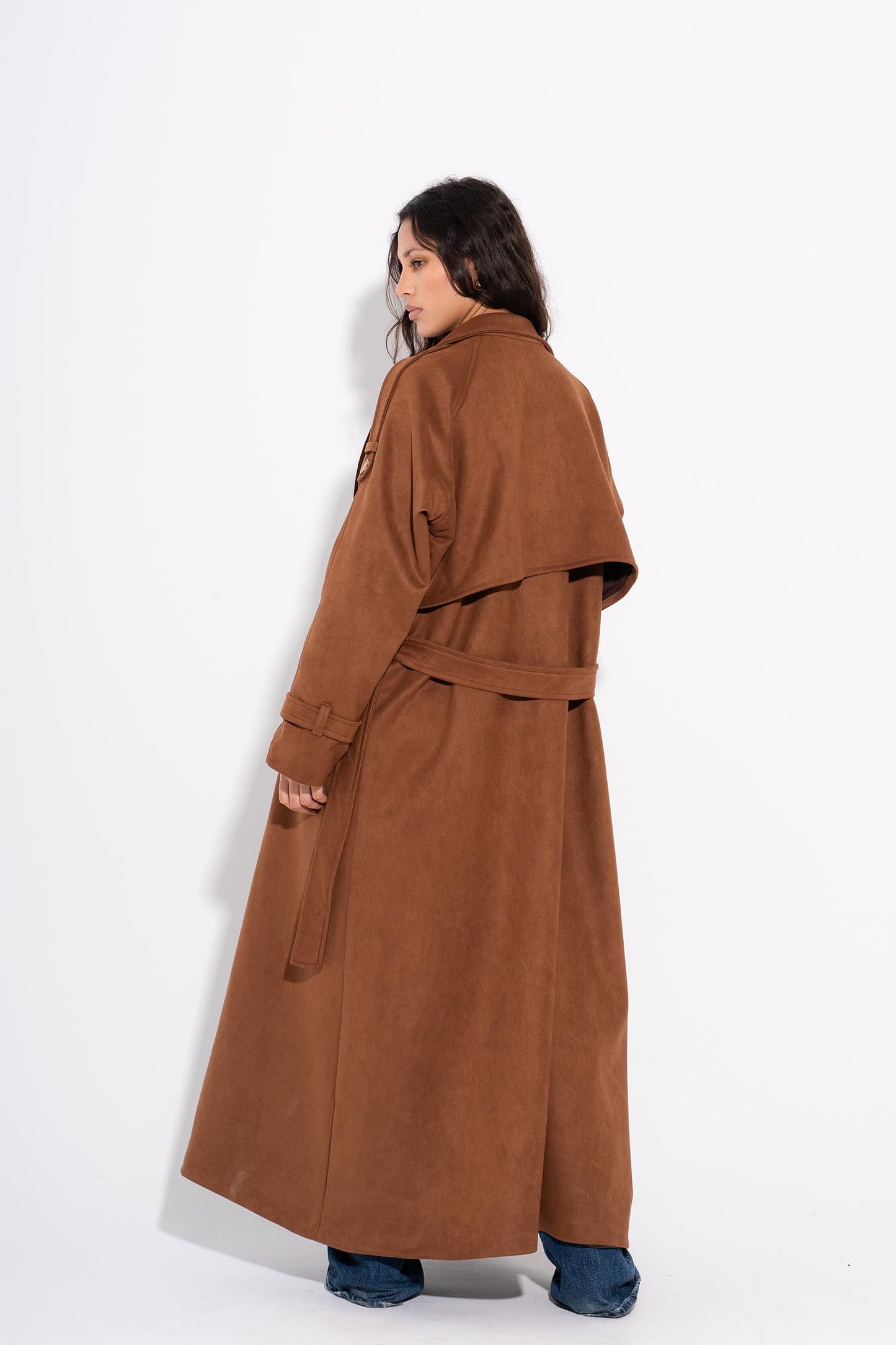 Suede Maxi Trench Coat- Brown