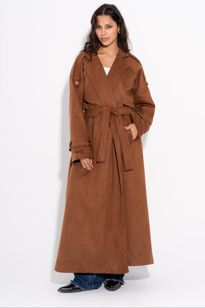 Suede Maxi Trench Coat- Brown
