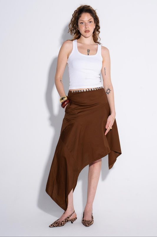 Studded Asymmetrical Skirt - Brown