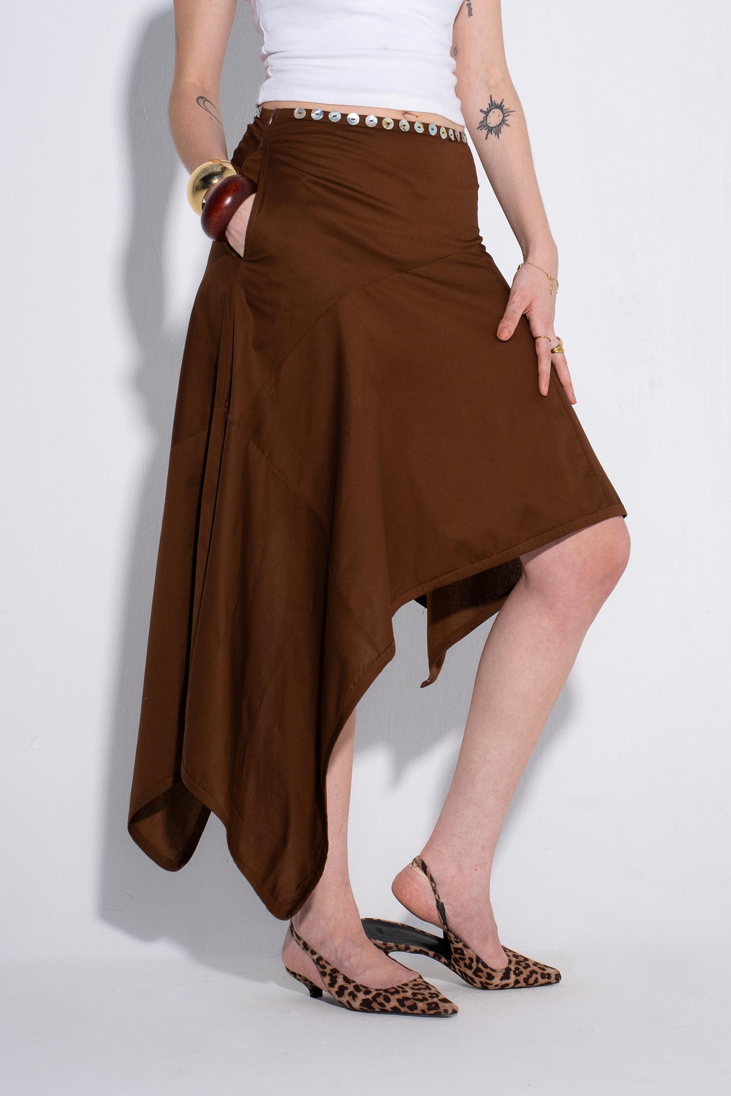 Studded Asymmetrical Skirt - Brown