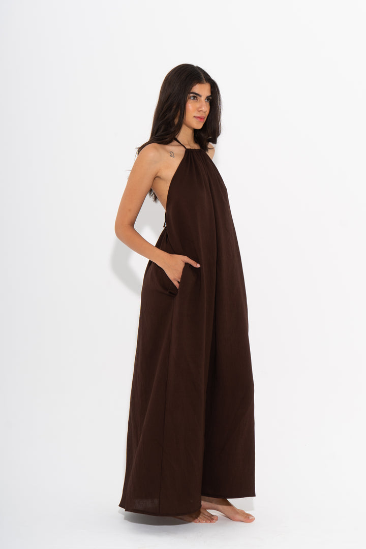 Halter Maxi Flow Dress - Brown